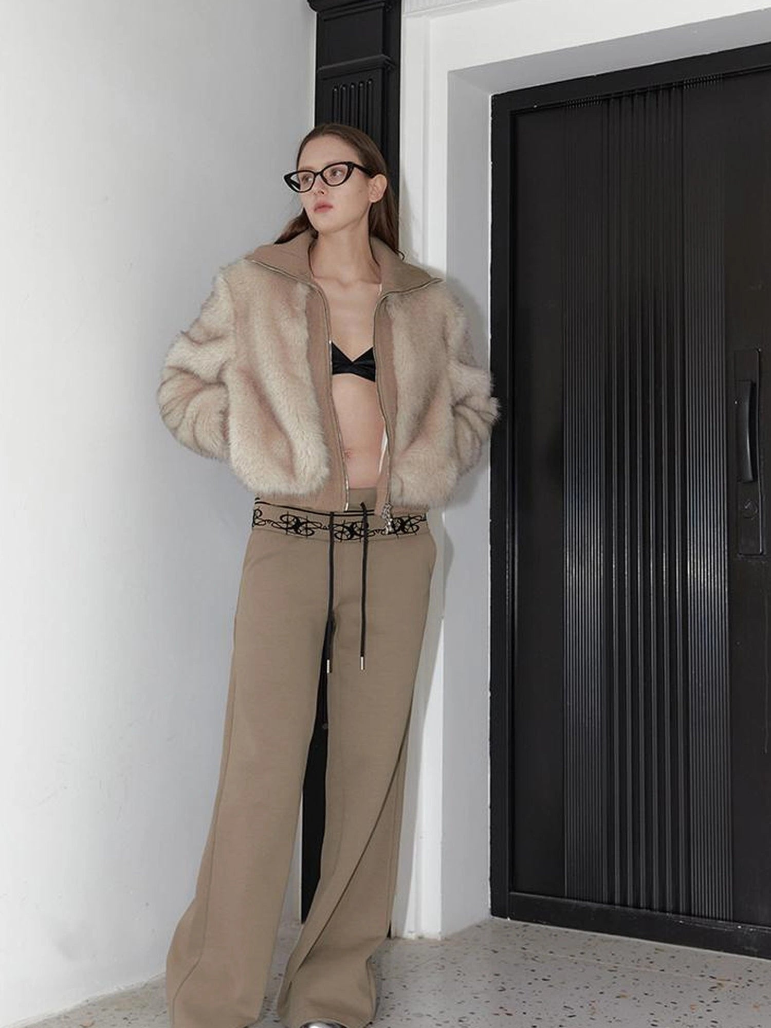 Vintage Black Faux Fur Ribbed Short Jacket