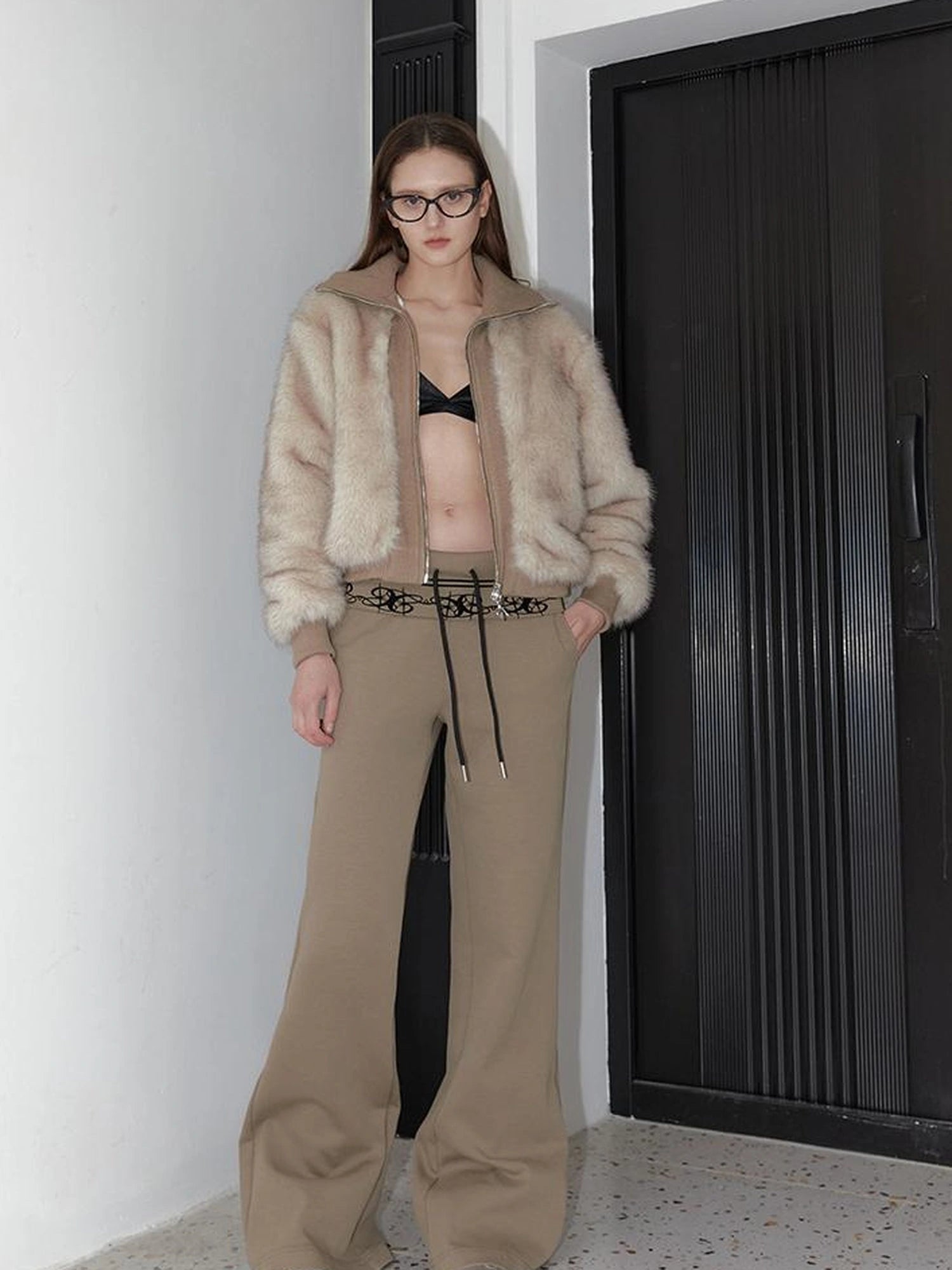 Vintage Black Faux Fur Ribbed Short Jacket