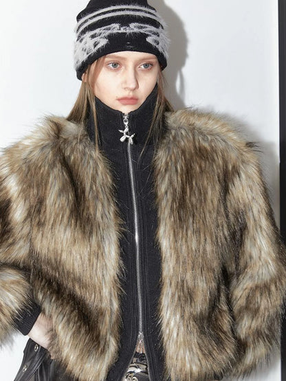 Vintage Black Faux Fur Ribbed Short Jacket