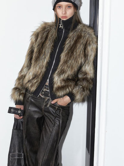 2th Desire Vintage Black Faux Fur Ribbed Short Jacket