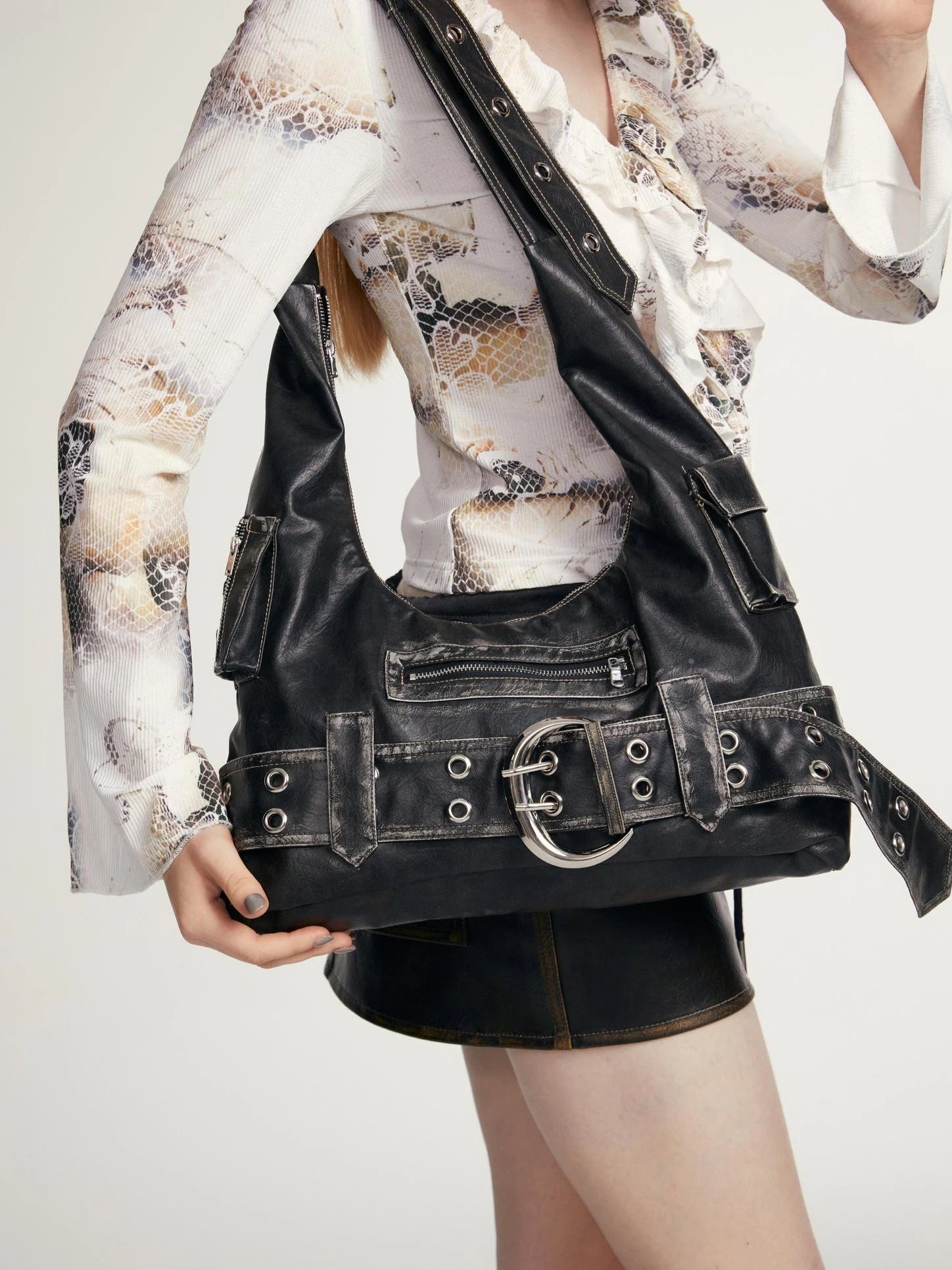 Vintage Black Leather Crossbody Bag With Adjustable Strap