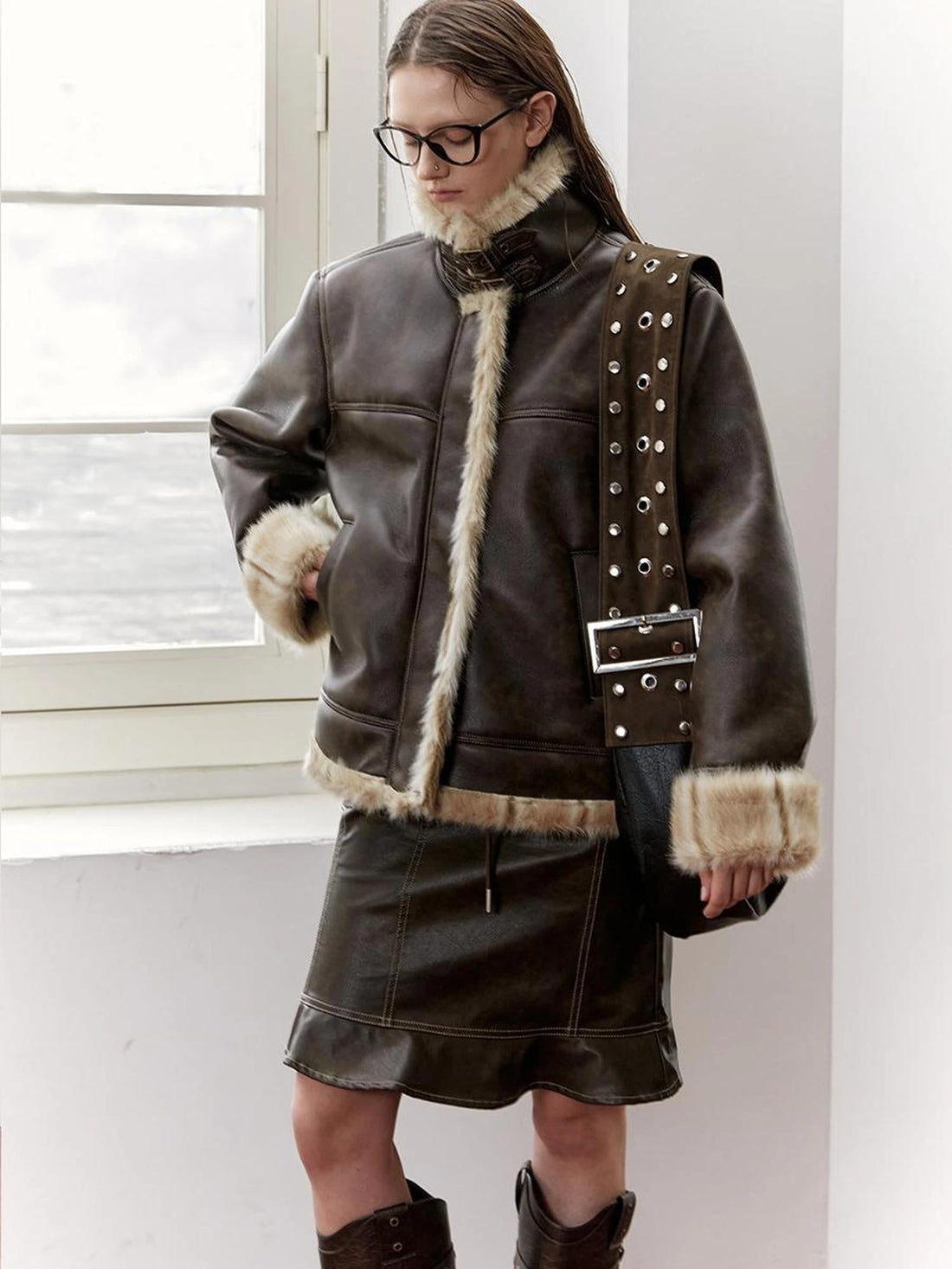 Vintage Brown Leather Shearling Moto Jacket