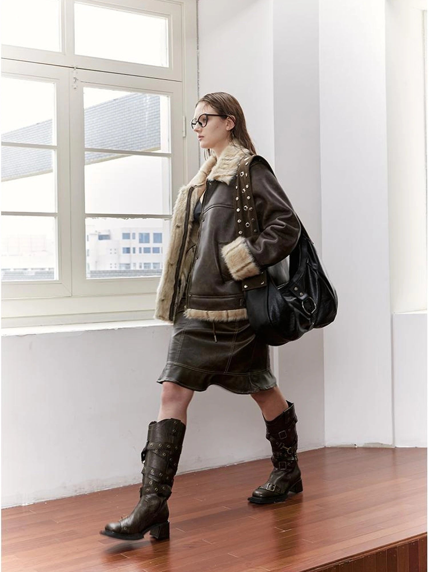 Vintage Brown Leather Shearling Moto Jacket