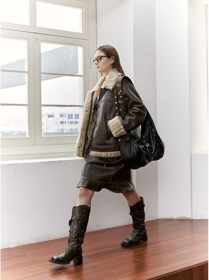 Vintage Brown Leather Shearling Moto Jacket