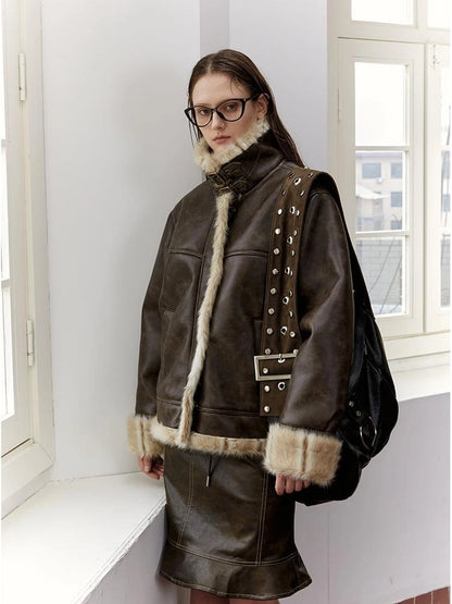 Vintage Brown Leather Shearling Moto Jacket
