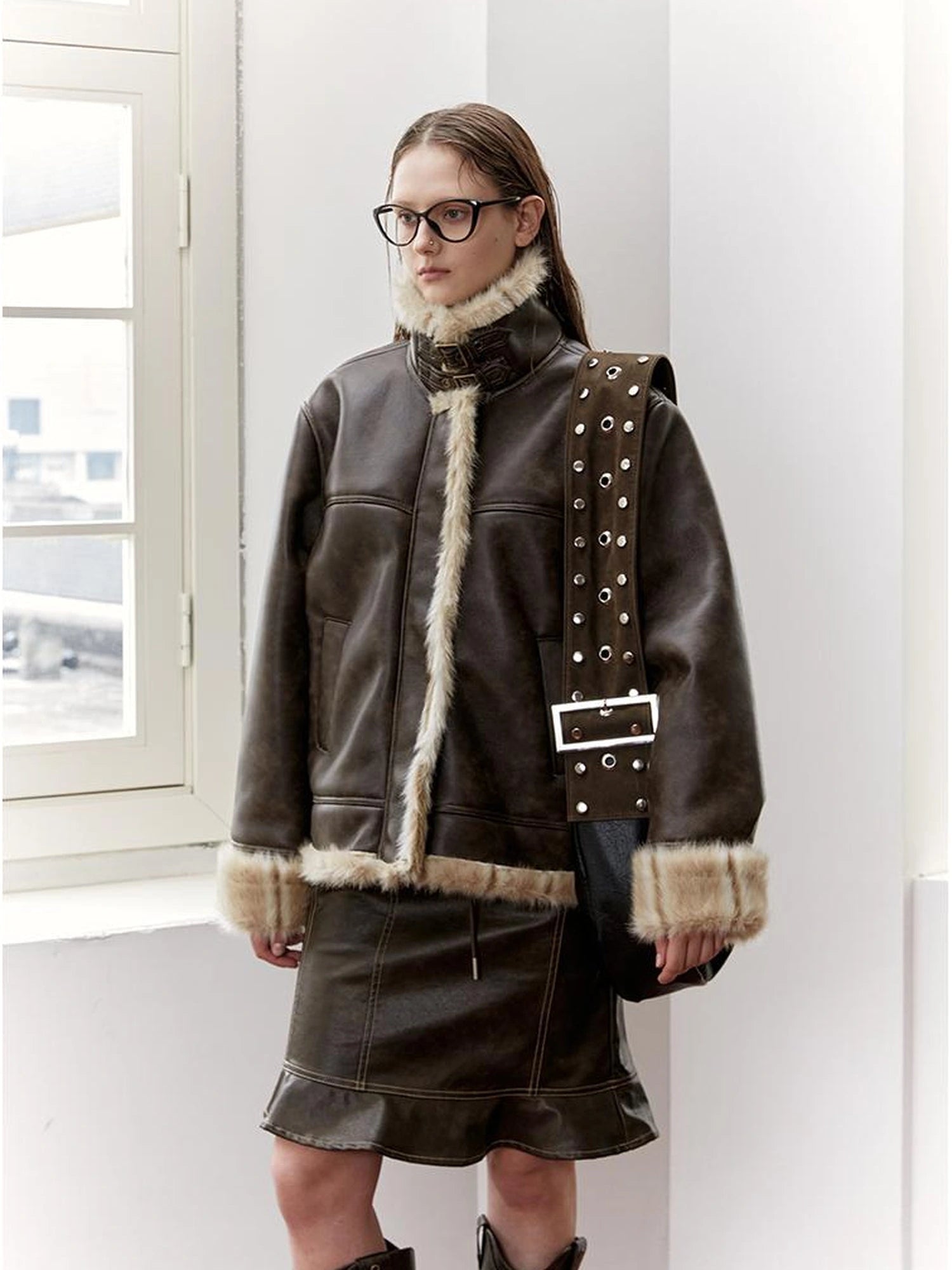 Vintage Brown Leather Shearling Moto Jacket
