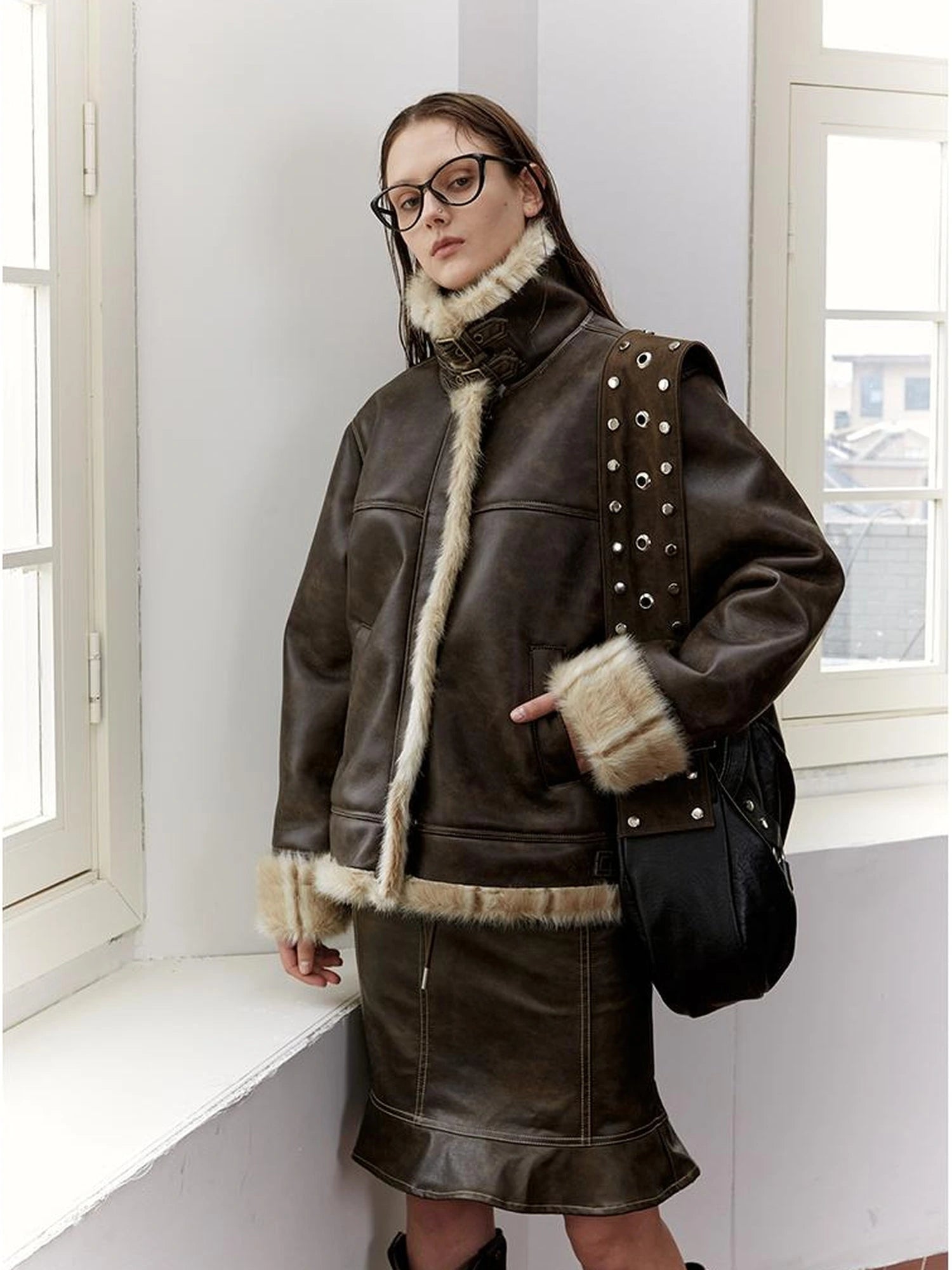 Vintage Brown Leather Shearling Moto Jacket