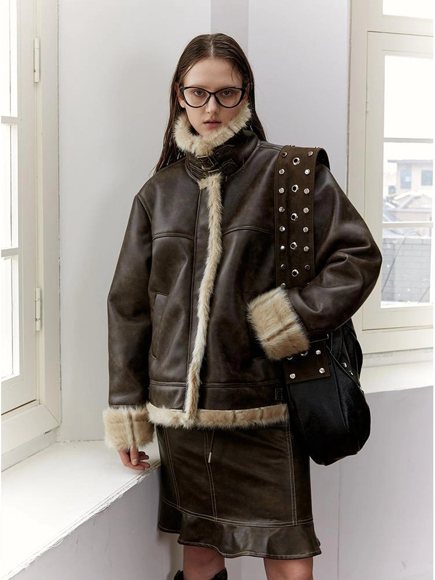 Vintage Brown Leather Shearling Moto Jacket