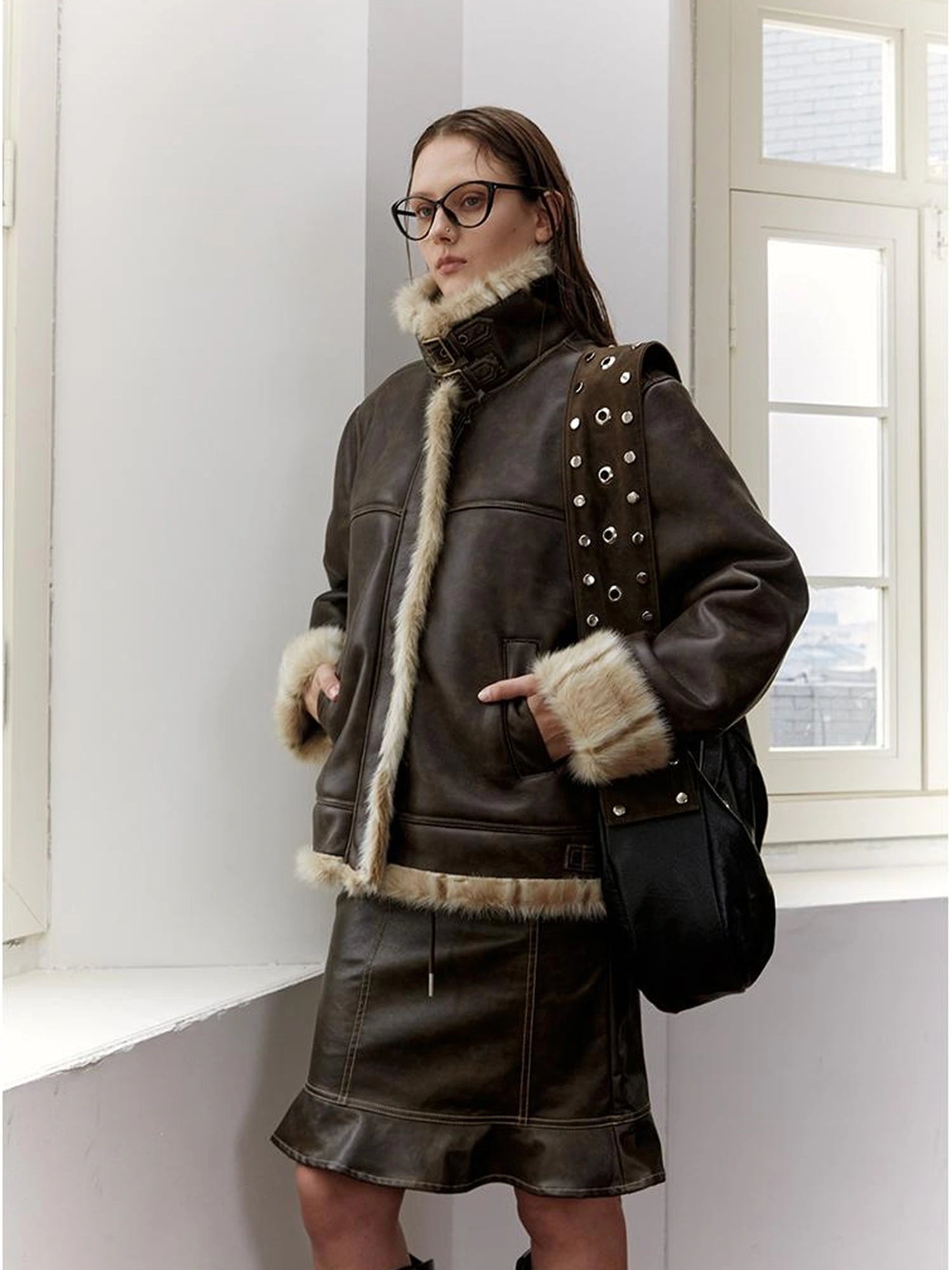 Vintage Brown Leather Shearling Moto Jacket