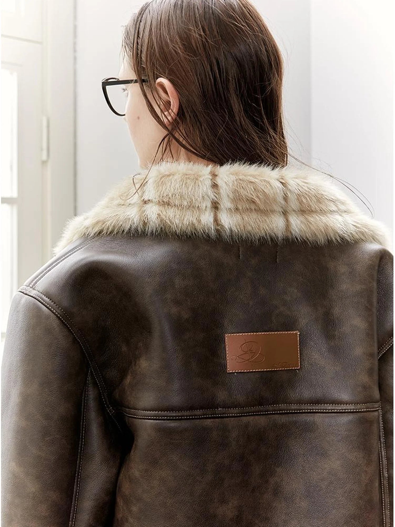 Vintage Brown Leather Shearling Moto Jacket