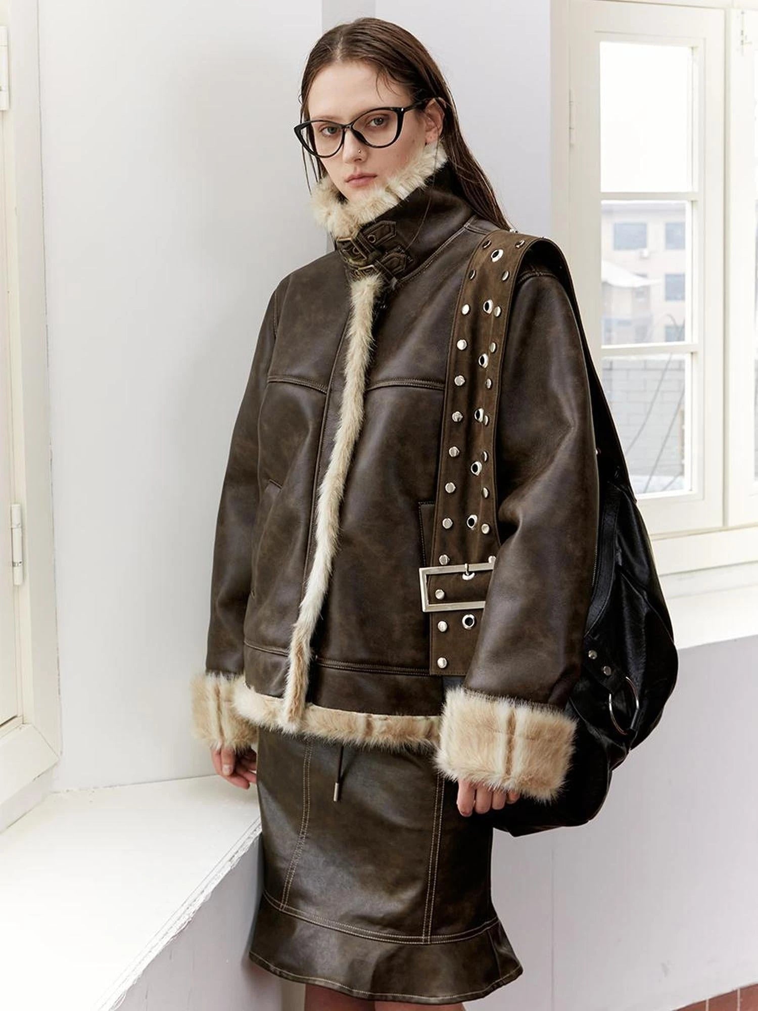 Vintage Brown Leather Shearling Moto Jacket