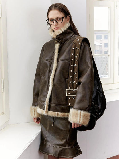 Vintage Brown Leather Shearling Moto Jacket