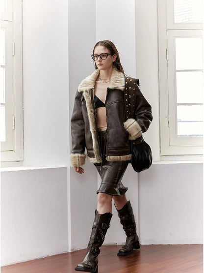 Vintage Brown Leather Shearling Moto Jacket
