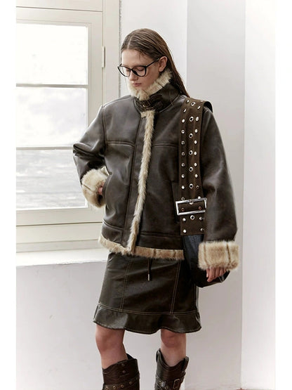 Vintage Brown Leather Shearling Moto Jacket