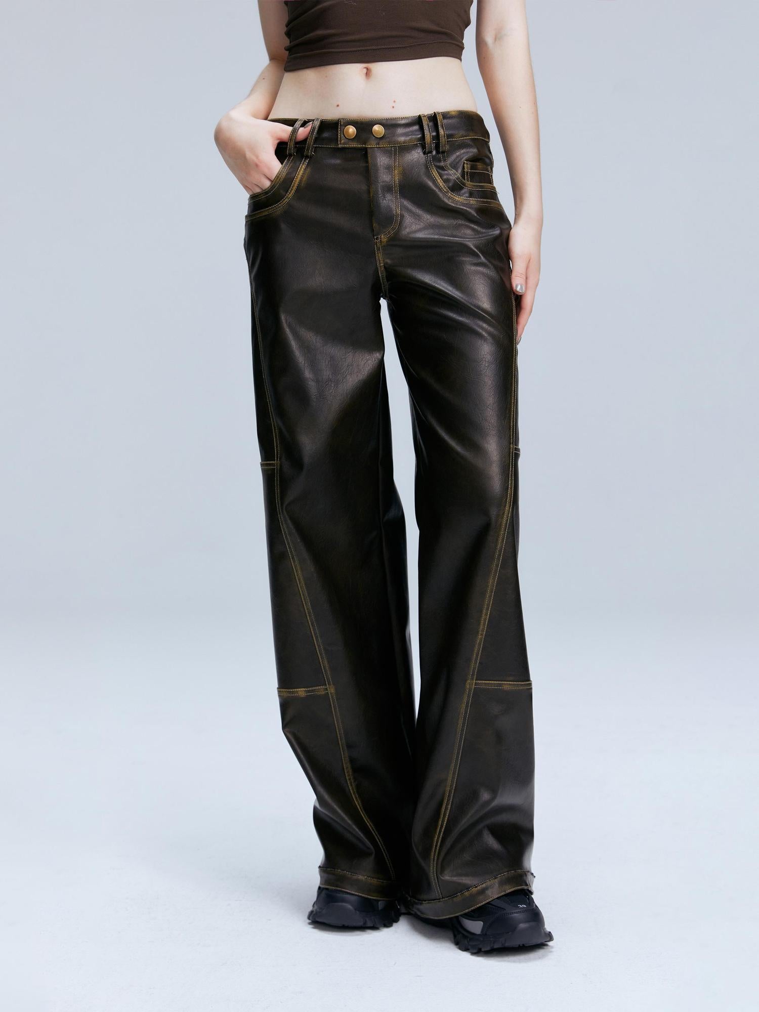 2th Desire Vintage Brown Loose Fit Low Waist Leather Pants