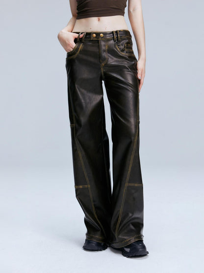 2th Desire Vintage Brown Loose Fit Low Waist Leather Pants