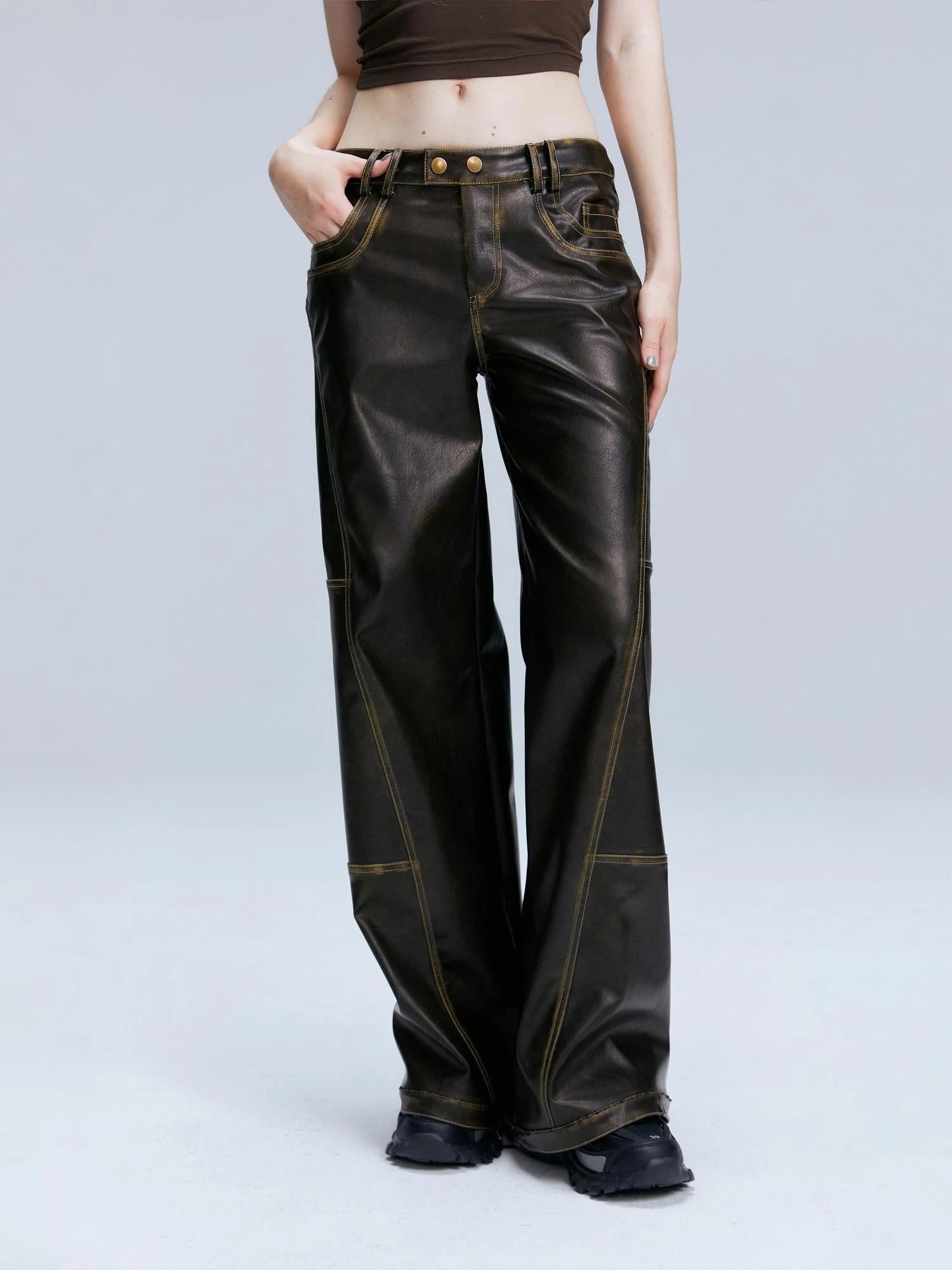 Vintage Brown Loose Fit Low Waist Leather Pants