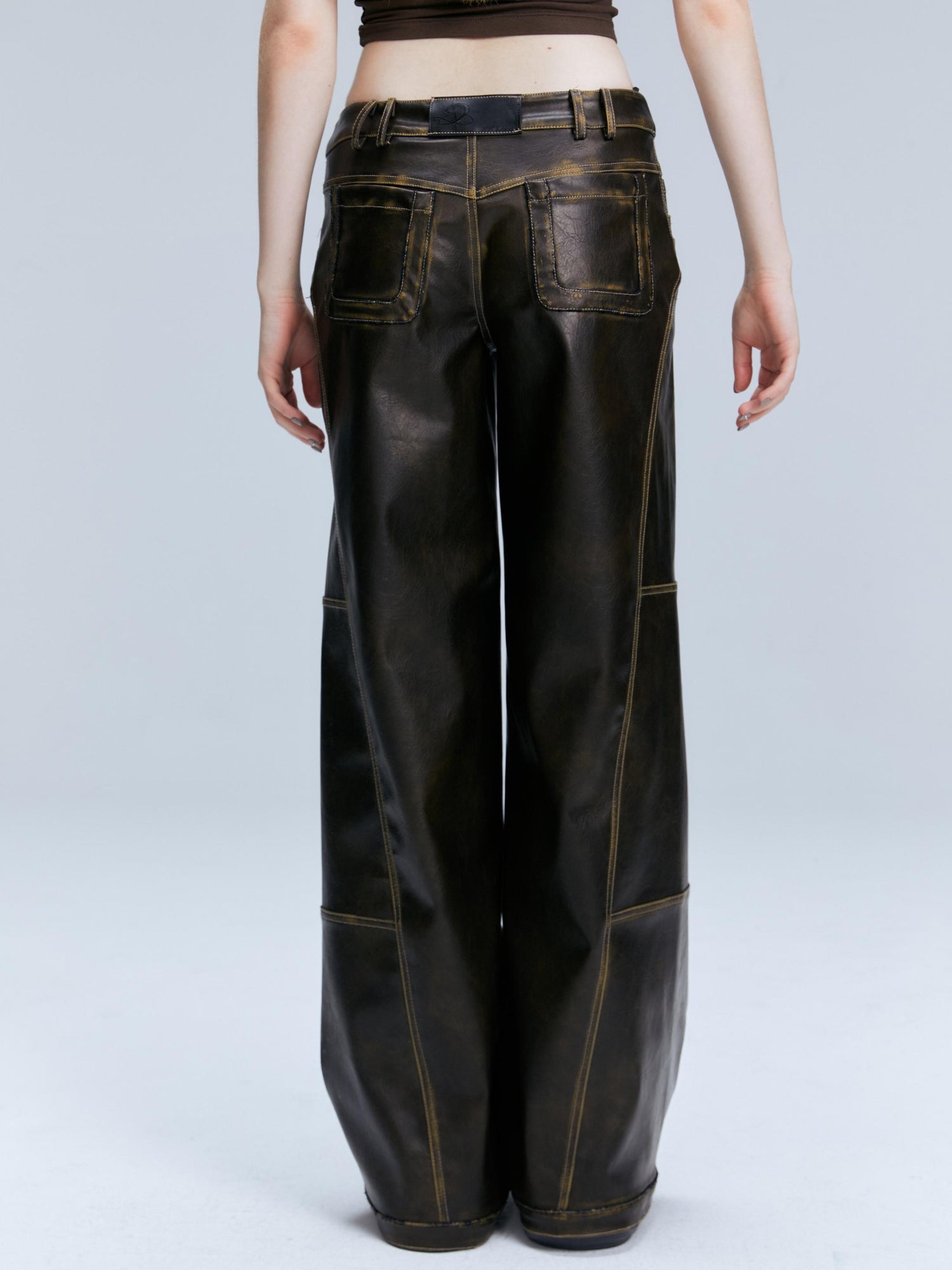 2th Desire Vintage Brown Loose Fit Low Waist Leather Pants