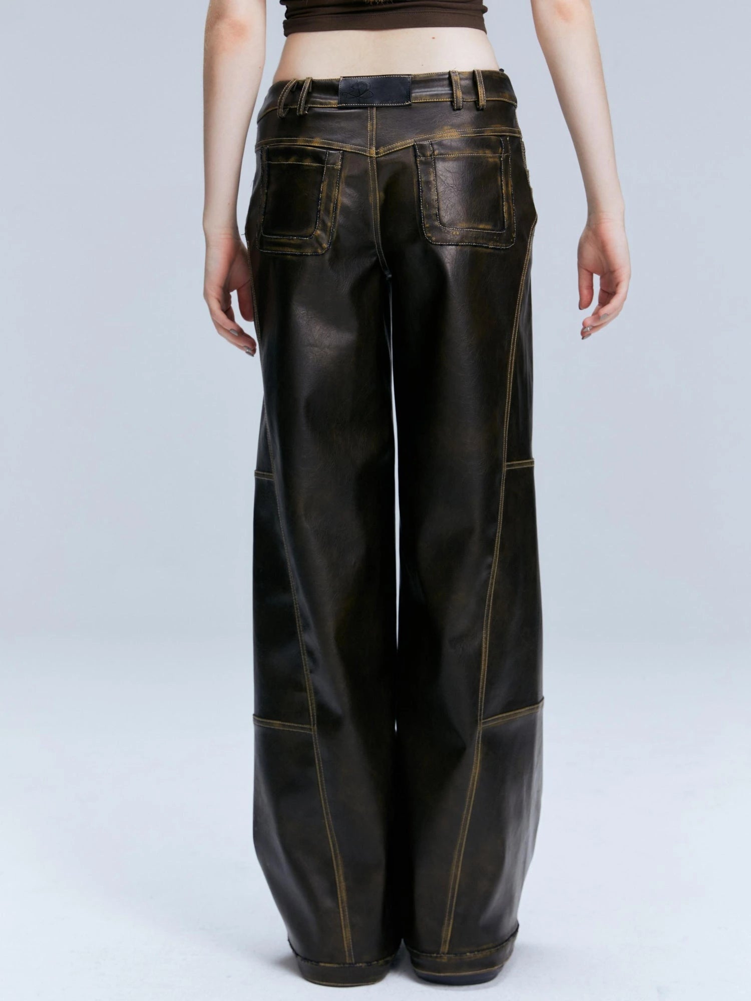 Vintage Brown Loose Fit Low Waist Leather Pants