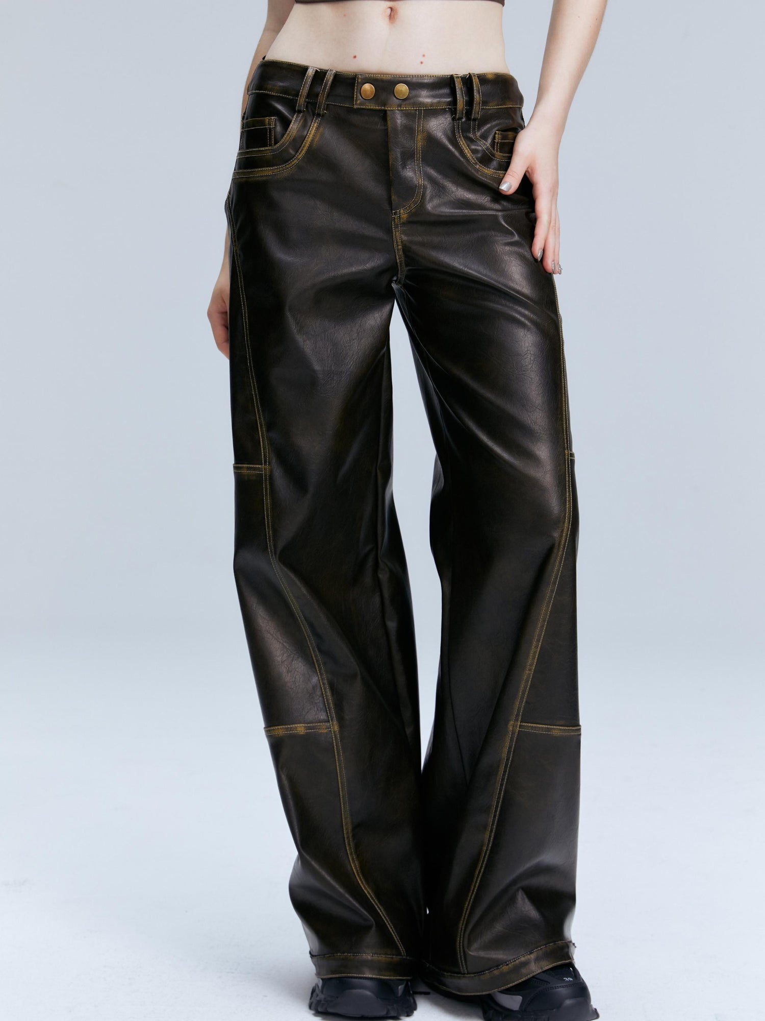 2th Desire Vintage Brown Loose Fit Low Waist Leather Pants