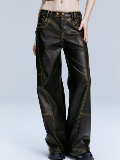 2th Desire Vintage Brown Loose Fit Low Waist Leather Pants