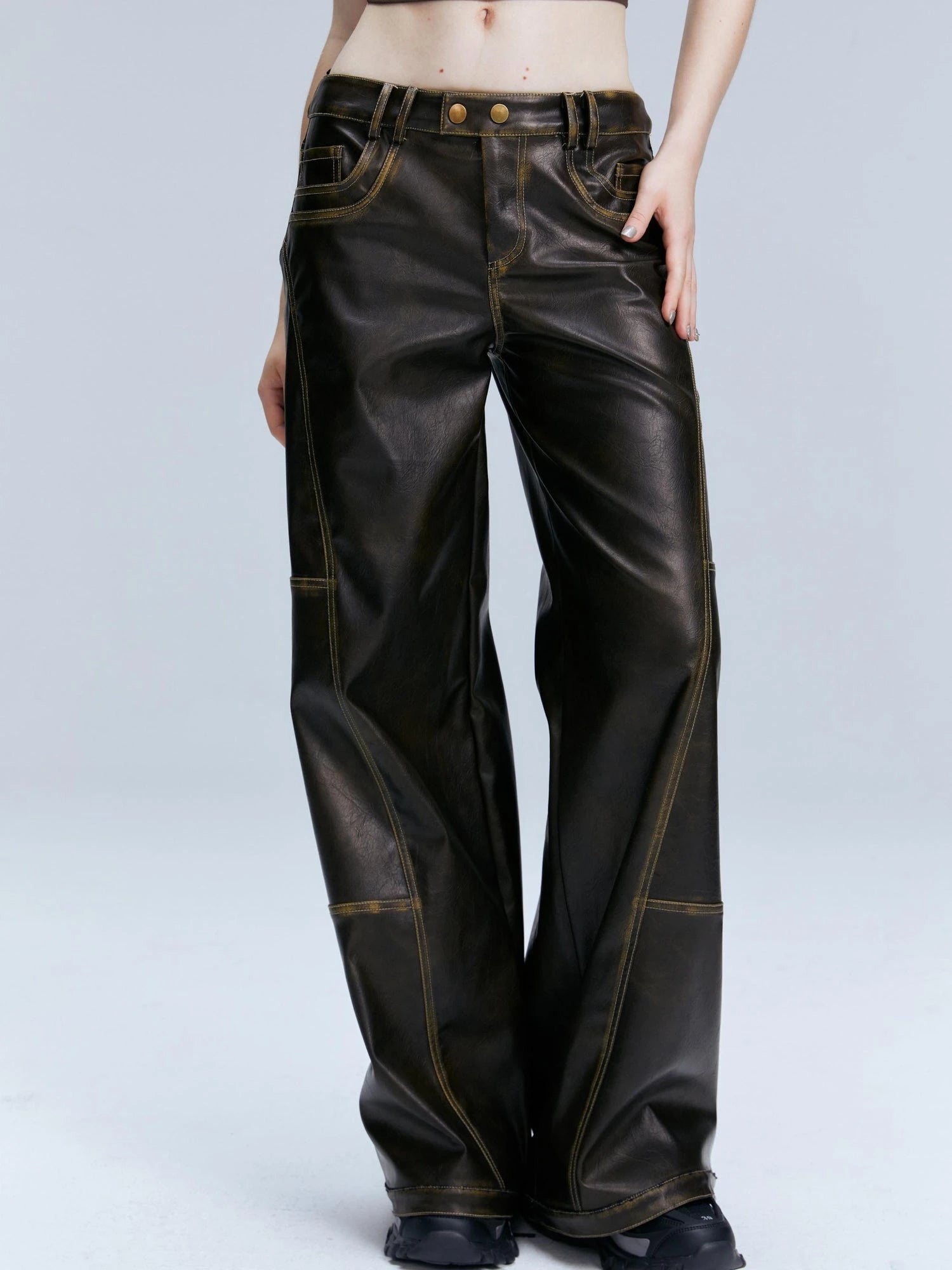 Vintage Brown Loose Fit Low Waist Leather Pants