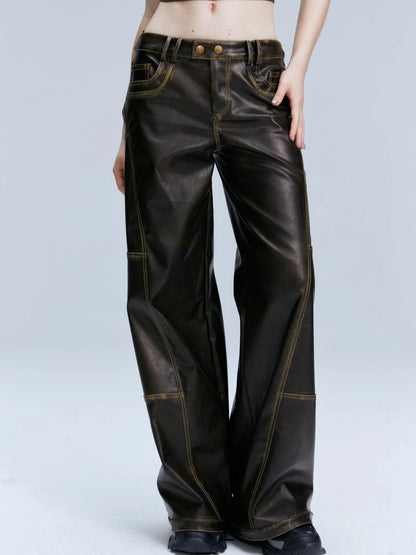 Vintage Brown Loose Fit Low Waist Leather Pants