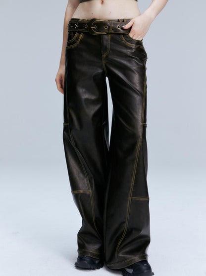 2th Desire Vintage Brown Loose Fit Low Waist Leather Pants