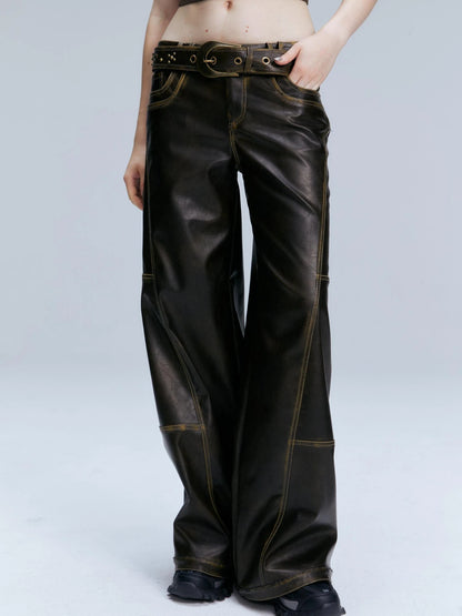 Vintage Brown Loose Fit Low Waist Leather Pants