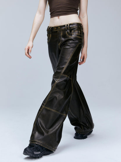 2th Desire Vintage Brown Loose Fit Low Waist Leather Pants