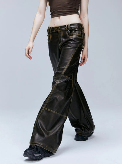 Vintage Brown Loose Fit Low Waist Leather Pants