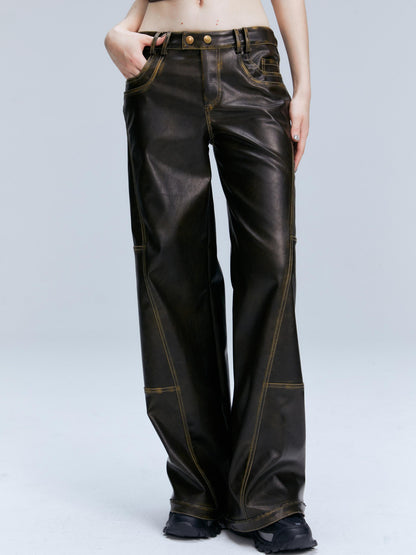 2th Desire Vintage Brown Loose Fit Low Waist Leather Pants