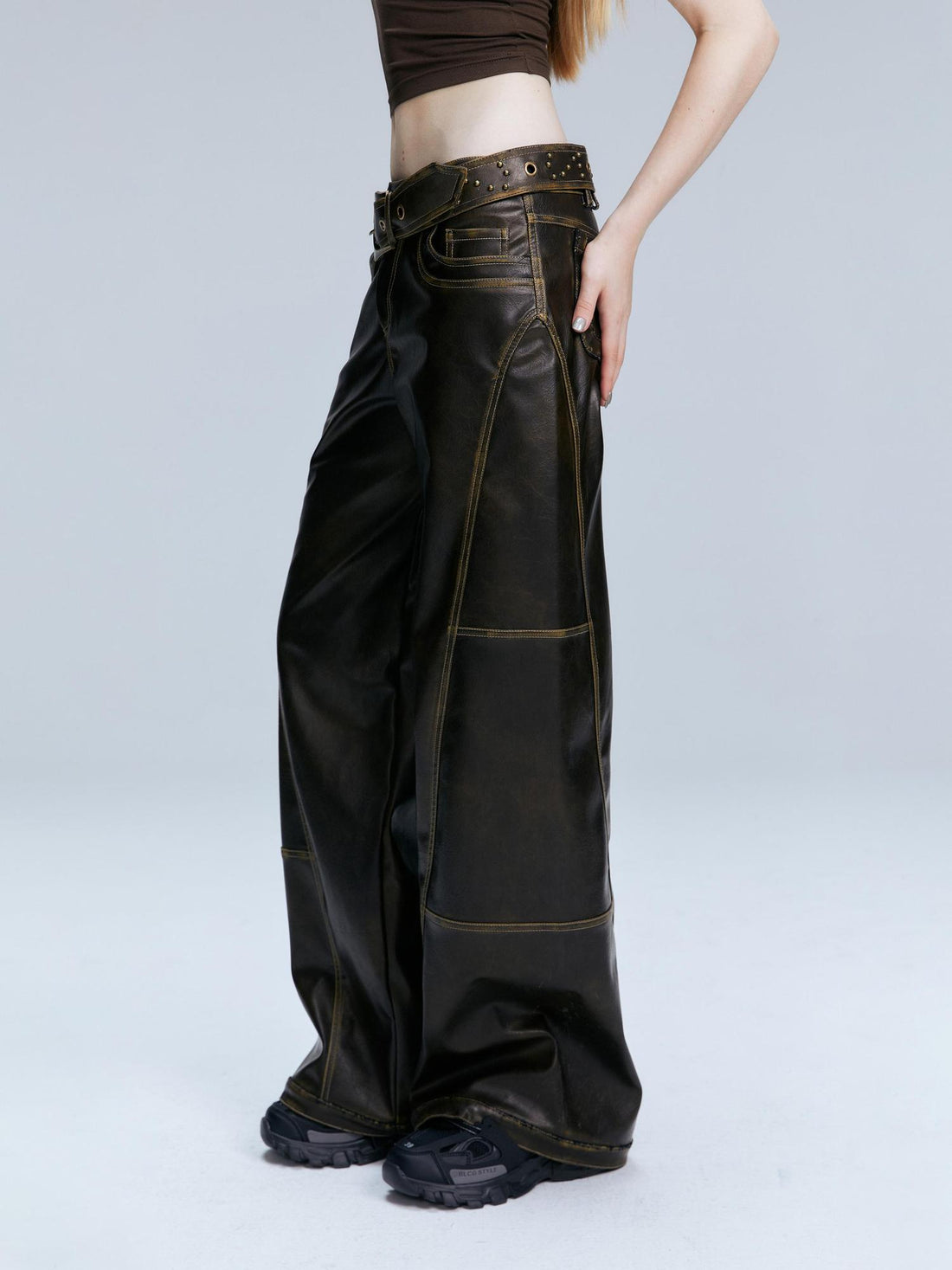 2th Desire Vintage Brown Loose Fit Low Waist Leather Pants