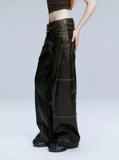 Vintage Brown Loose Fit Low Waist Leather Pants