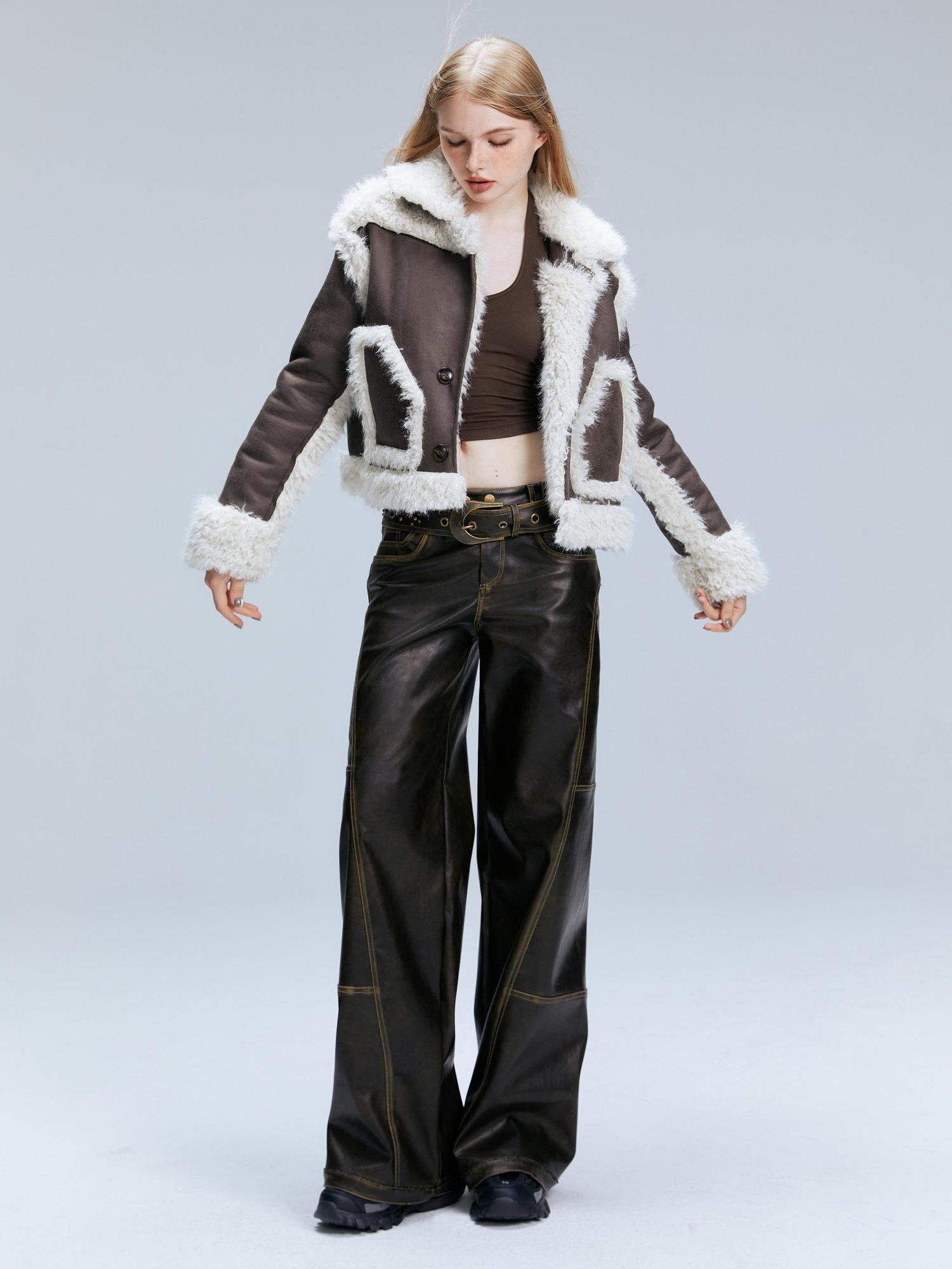 2th Desire Vintage Brown Loose Fit Low Waist Leather Pants