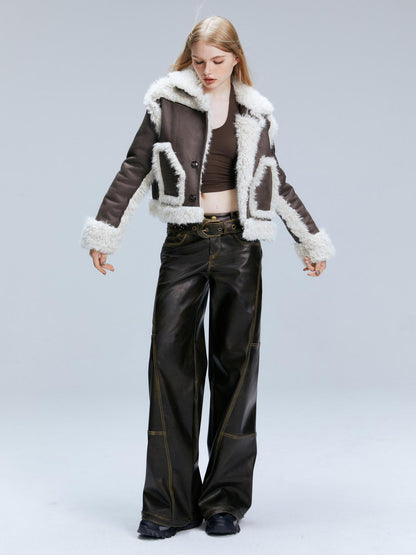 2th Desire Vintage Brown Loose Fit Low Waist Leather Pants