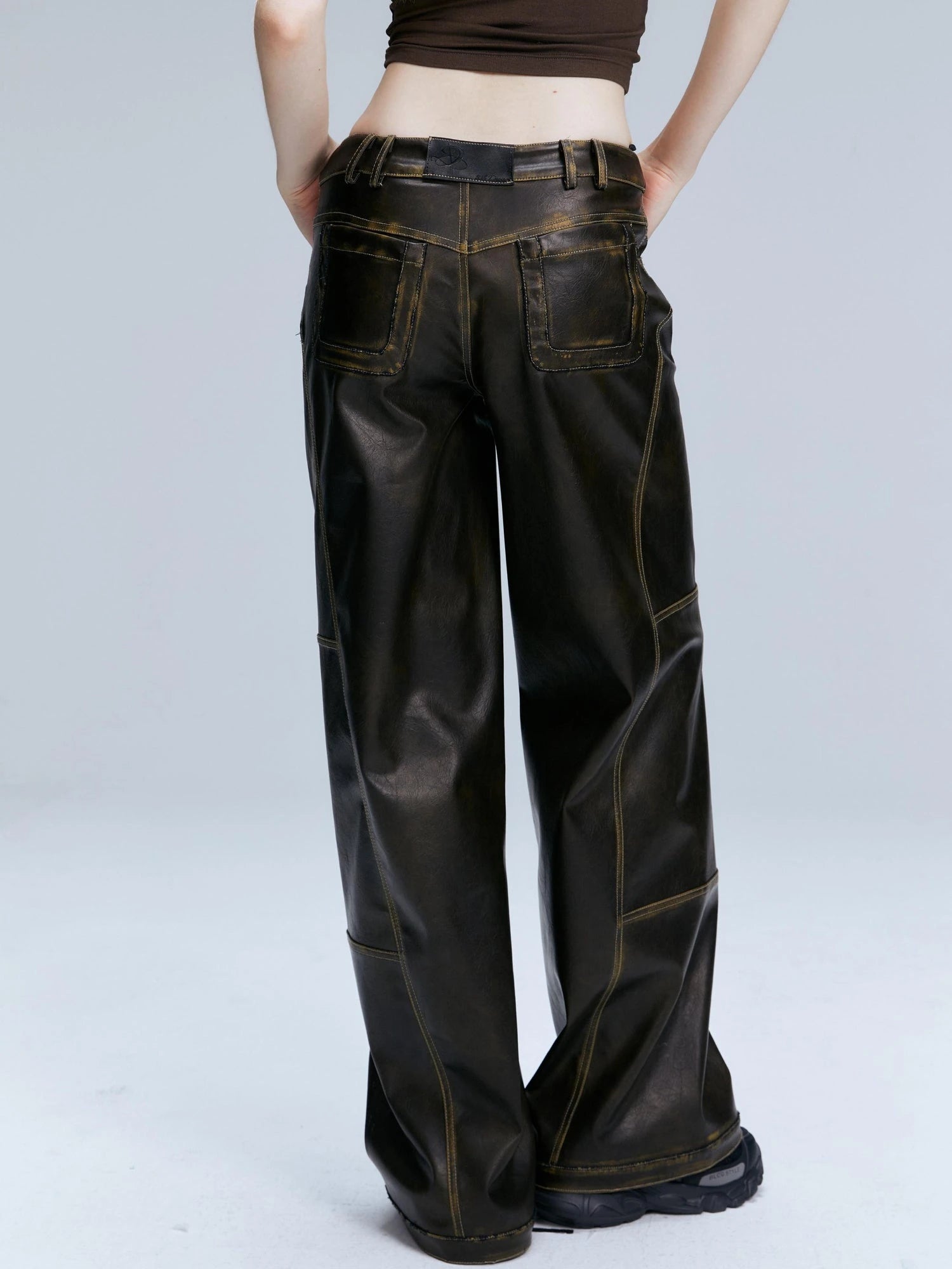 Vintage Brown Loose Fit Low Waist Leather Pants