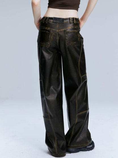 Vintage Brown Loose Fit Low Waist Leather Pants