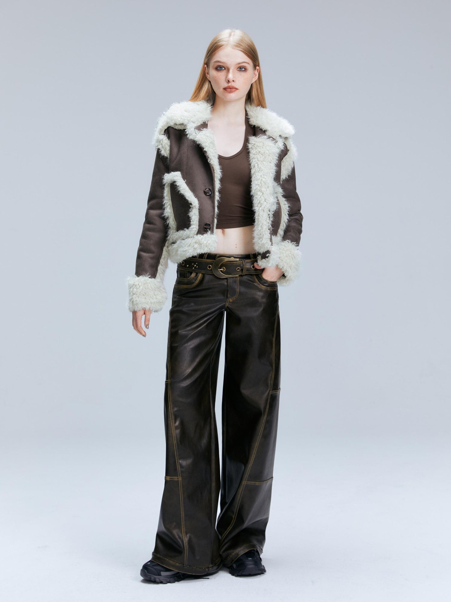 2th Desire Vintage Brown Loose Fit Low Waist Leather Pants