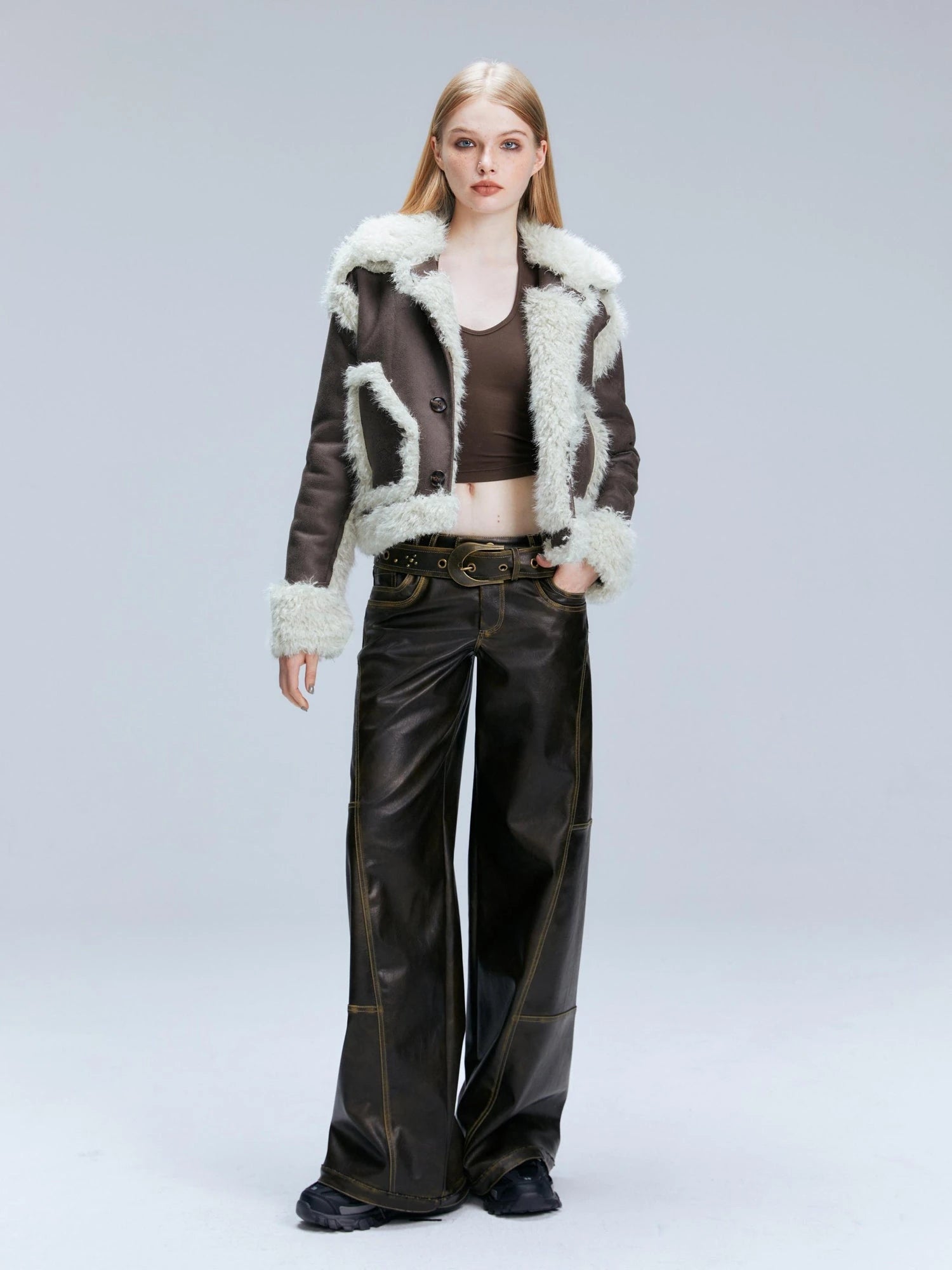 Vintage Brown Loose Fit Low Waist Leather Pants