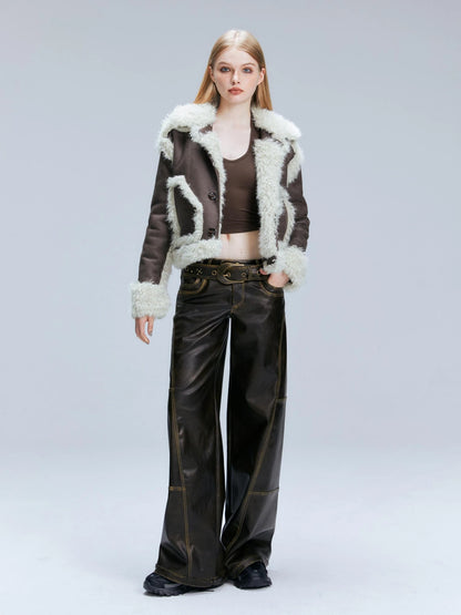 Vintage Brown Loose Fit Low Waist Leather Pants