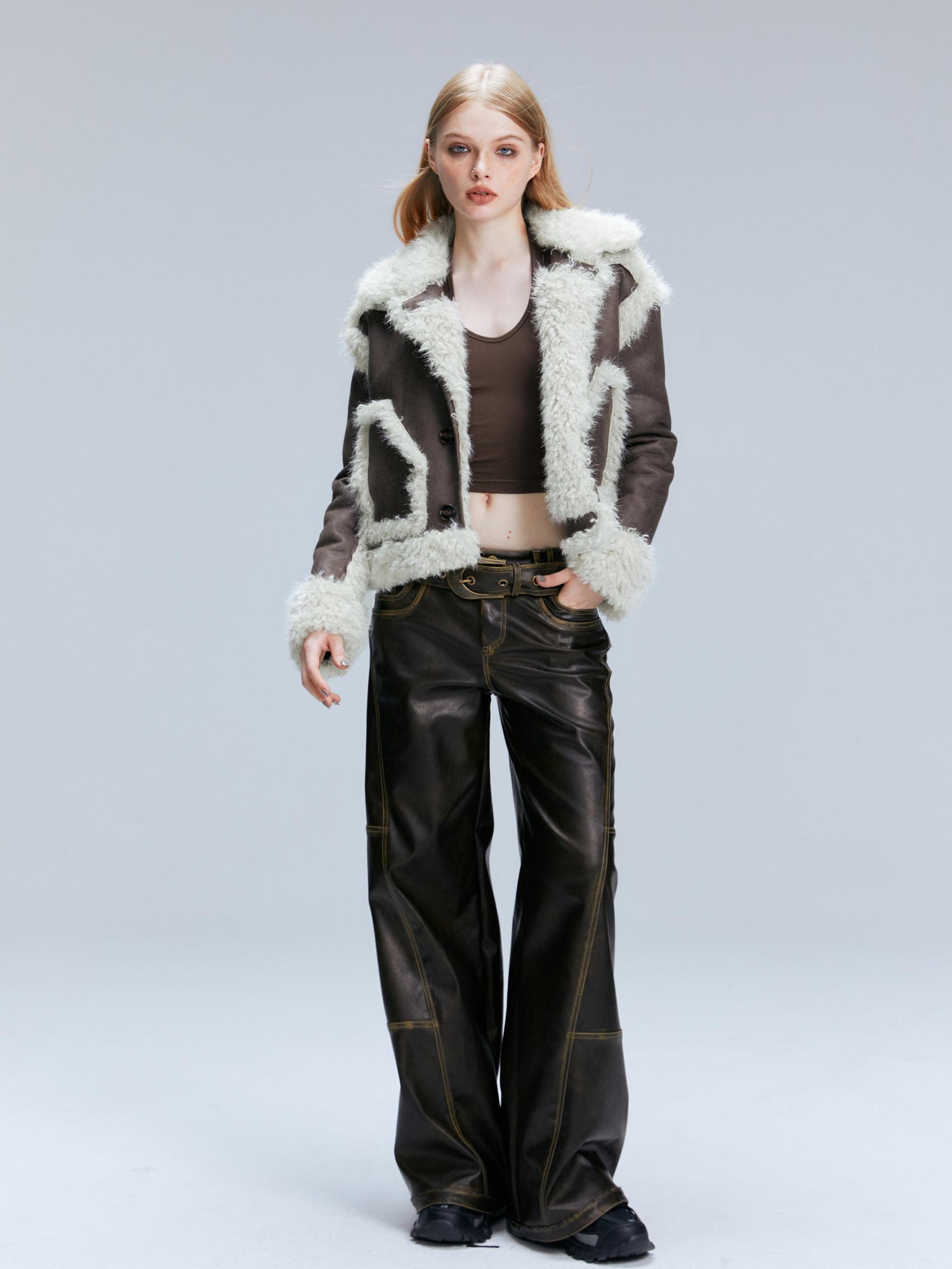 2th Desire Vintage Brown Loose Fit Low Waist Leather Pants
