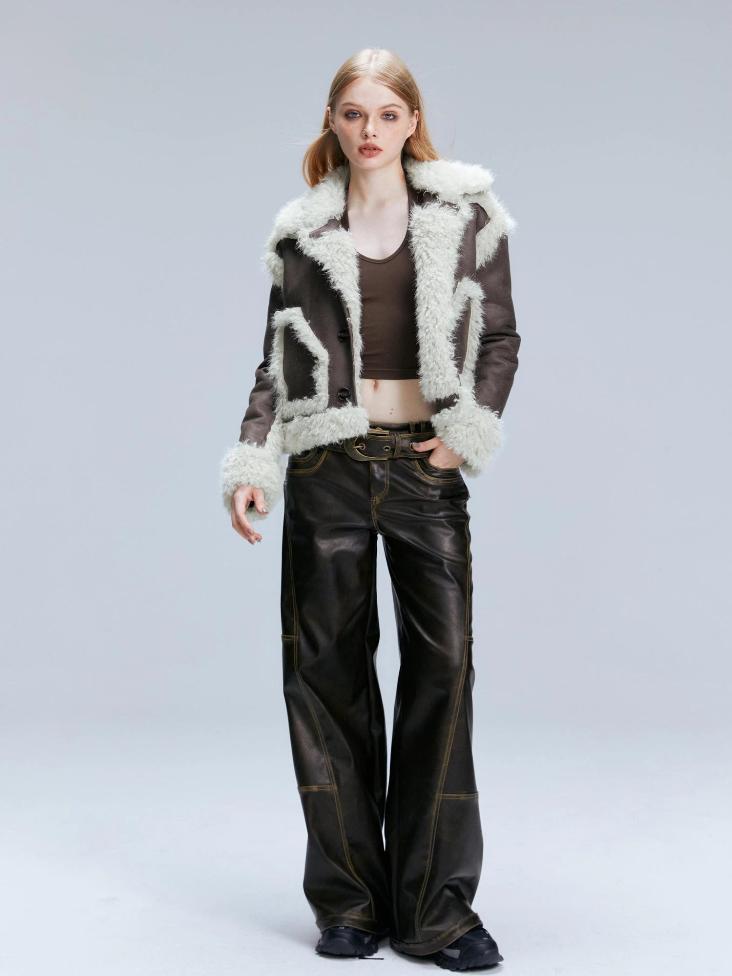 Vintage Brown Loose Fit Low Waist Leather Pants