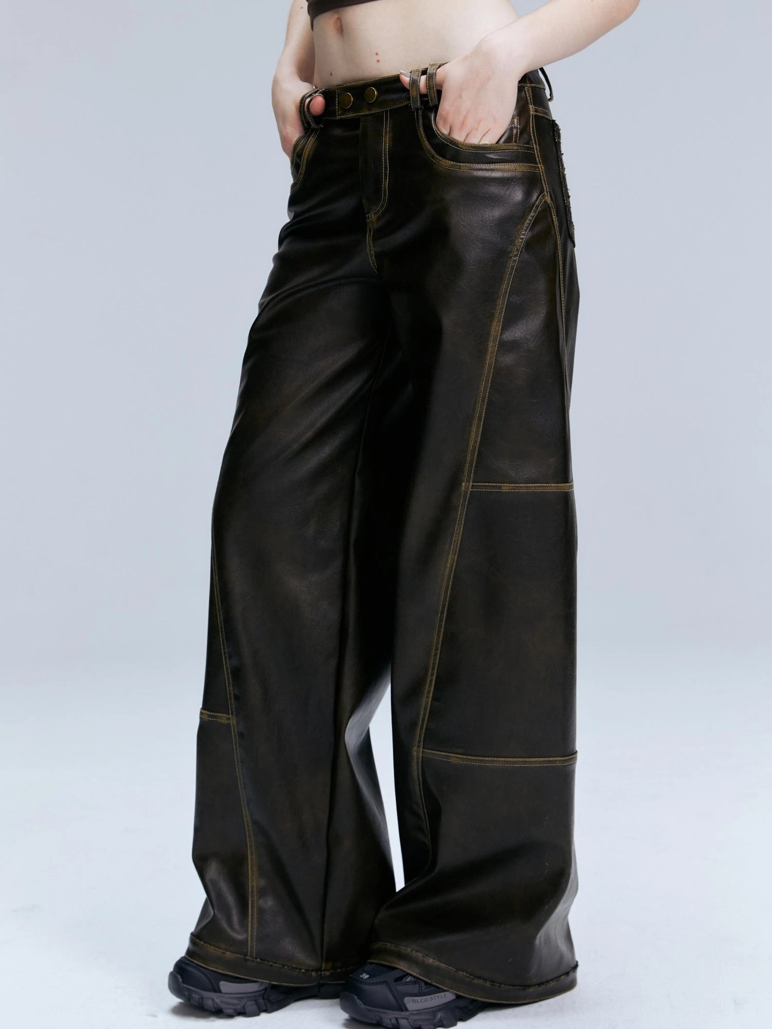 Vintage Brown Loose Fit Low Waist Leather Pants