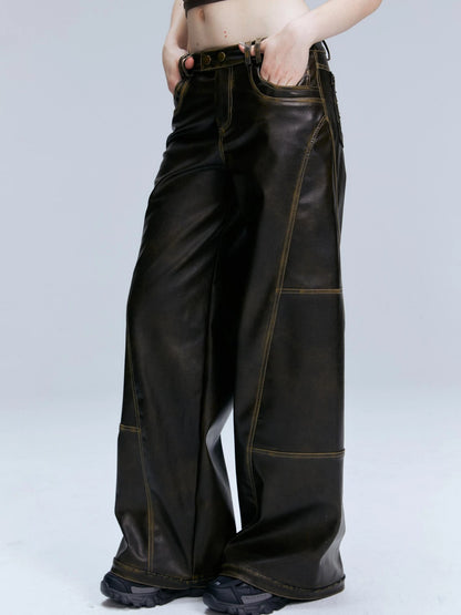 Vintage Brown Loose Fit Low Waist Leather Pants