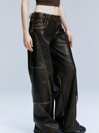 2th Desire Vintage Brown Loose Fit Low Waist Leather Pants