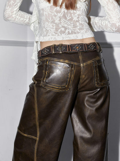 2th Desire Vintage Brown Pu Leather Belt With Y2k Diamond Design