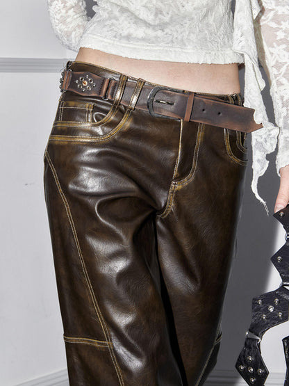 2th Desire Vintage Brown Pu Leather Belt With Y2k Diamond Design