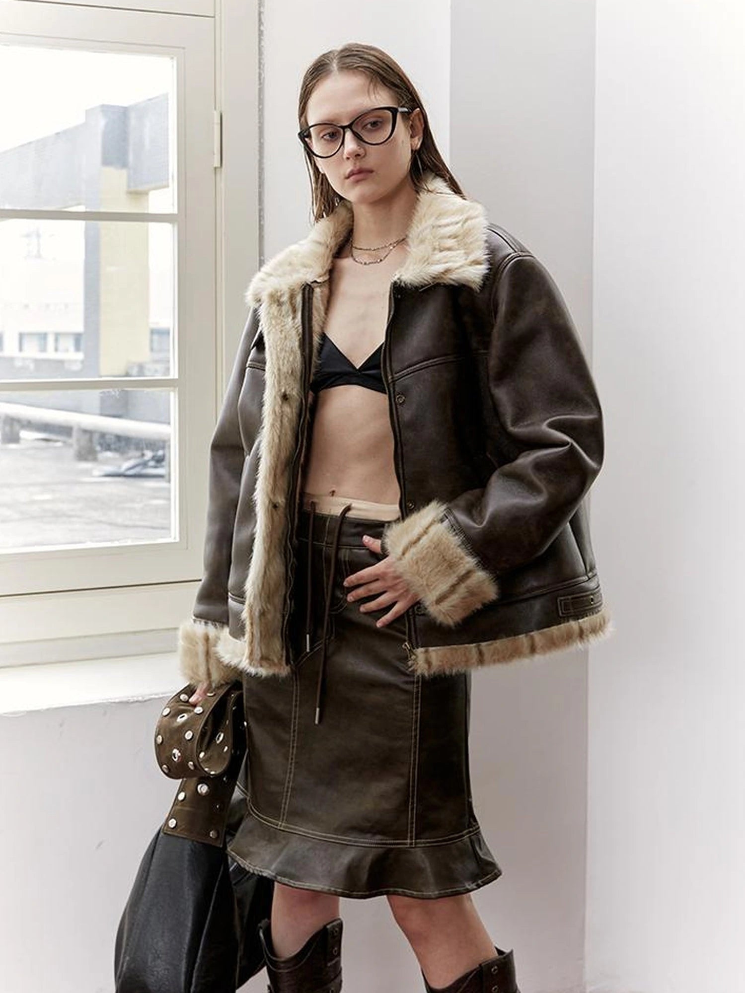 Vintage Brown Shearling Leather Jacket With Fur Collar