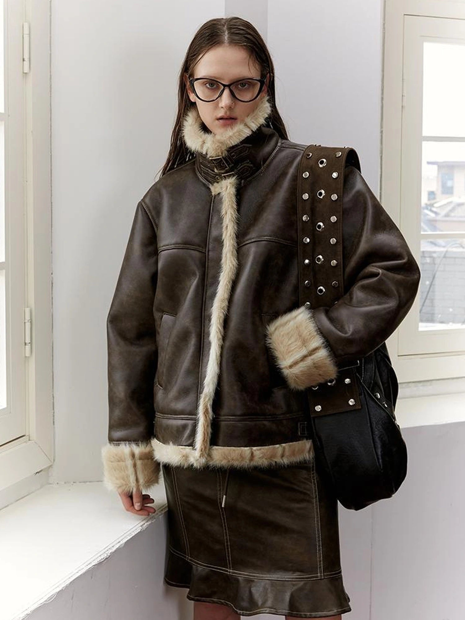 Vintage Brown Shearling Leather Jacket With Fur Collar